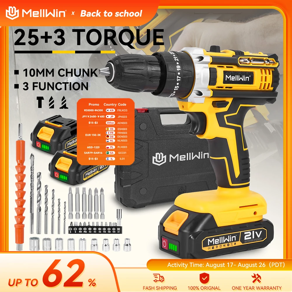 MELLWIN Electric Impact Drill 25 plus 3 Torque Multipurpose Cordless Electric Screwdriver DIY Power Tool for Makita 18V Battery Pin