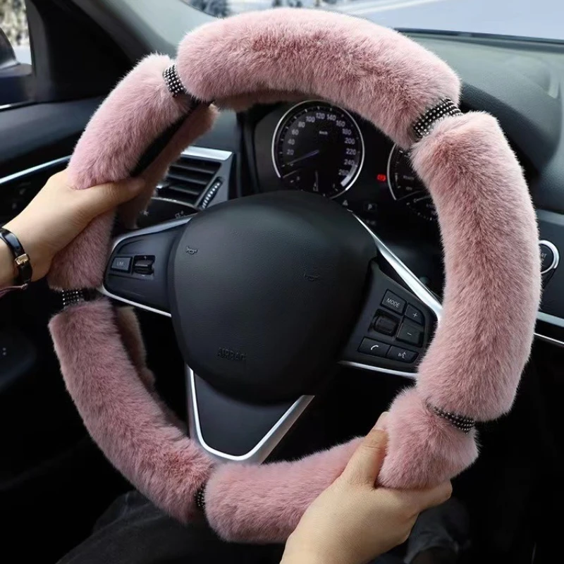 

38 см чехол на руль автомобиля из искусственного меха норки, теплый плюш со стразами, эластичная ручка, теплые роскошные чехлы на руль