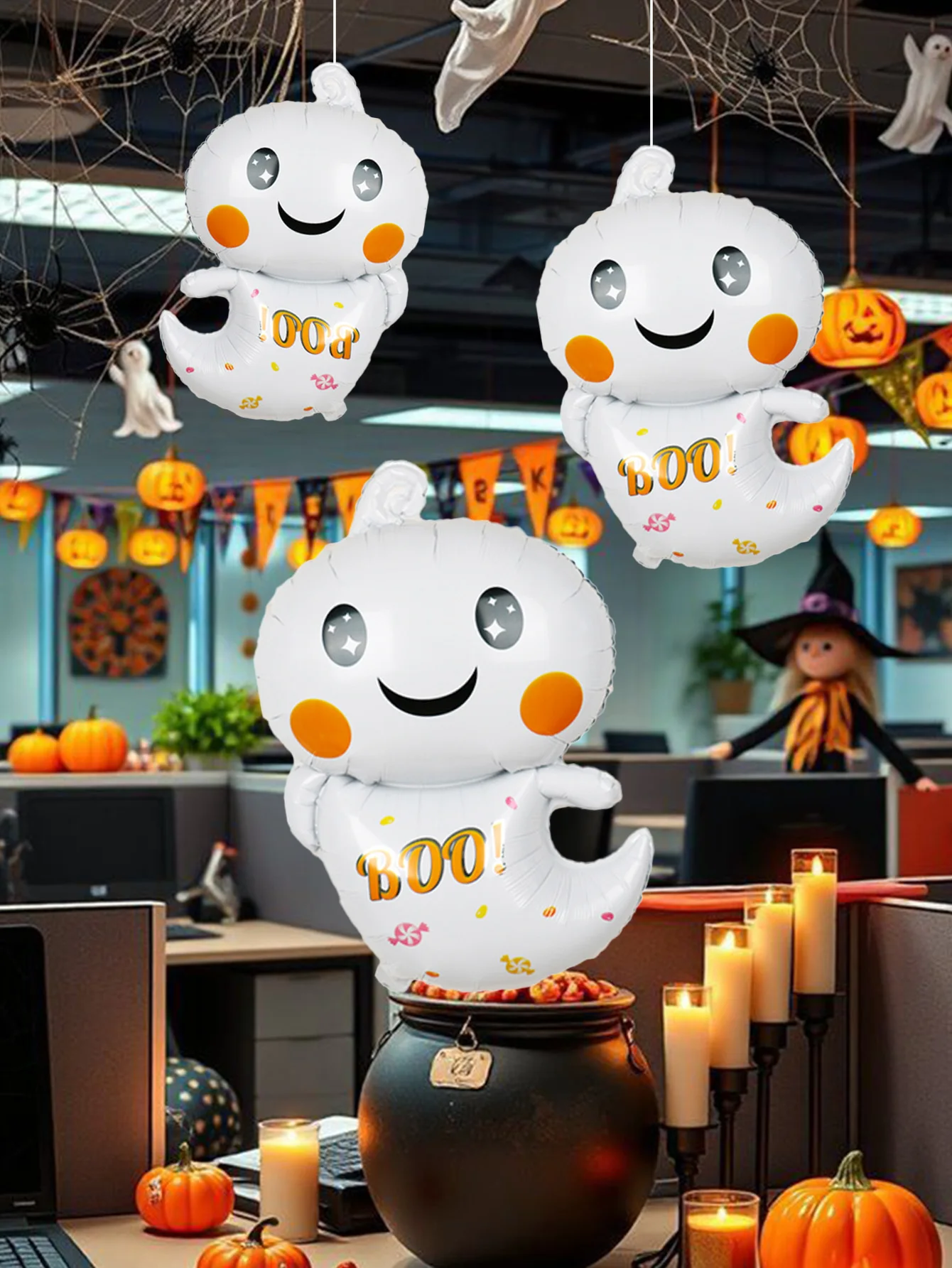 مجموعة بالونات من فيلم الألومنيوم الشبح الأبيض اللطيف مكونة من 3 قطع - مناسبة لمستلزمات تزيين حفلات الهالوين، وديكور رعب الأشباح #4