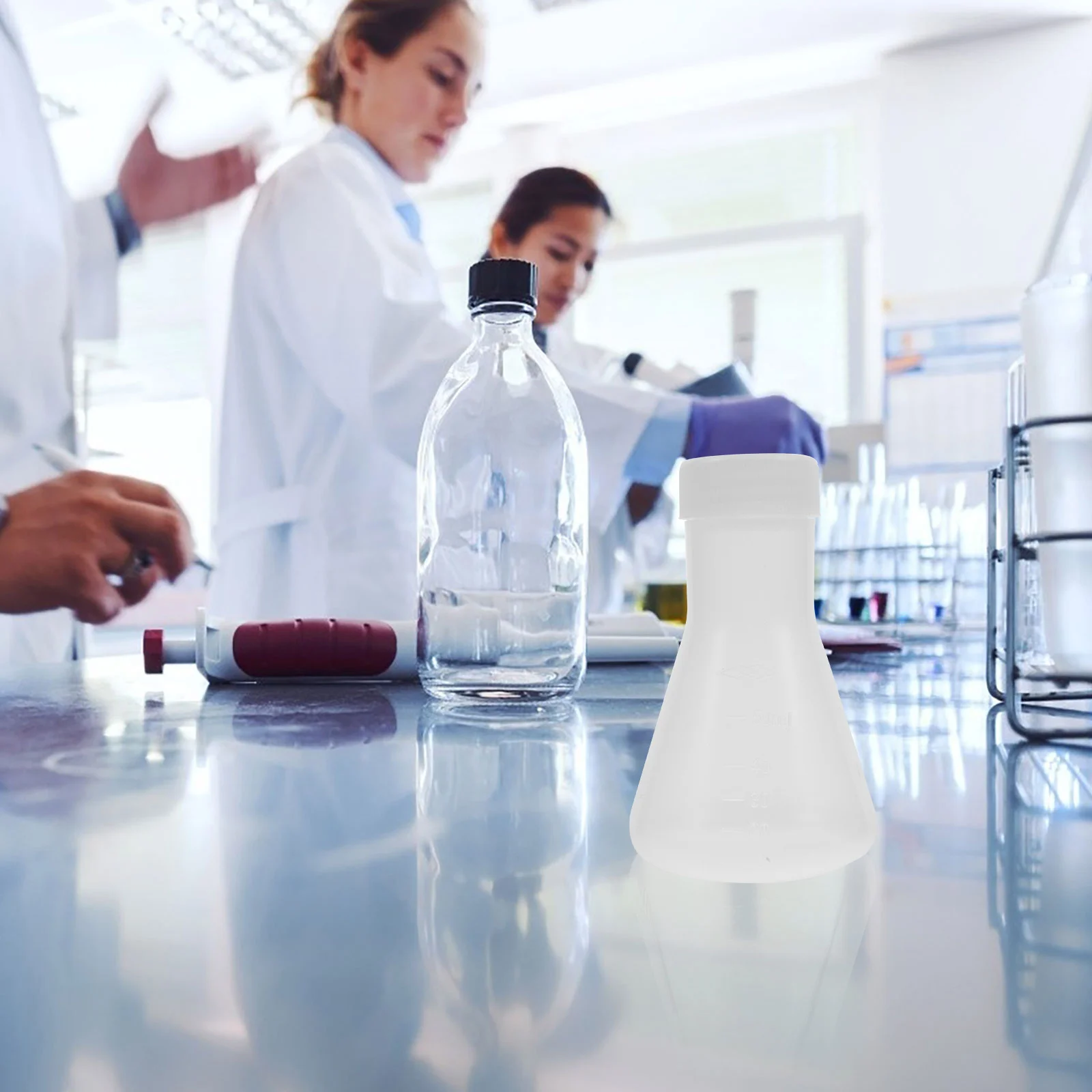 

10 Pcs Flask Plastic Beaker Flasks for Science Lab Beakers with Screw Cap Bottle Lid