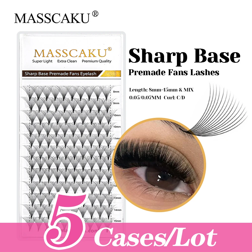 

New Design 5cases/lot MASSCAKU 10D Thin Root Pointy Base Lash Premium Velvet Fiber Sharp Base Premade Fans Lashes Easy to Use