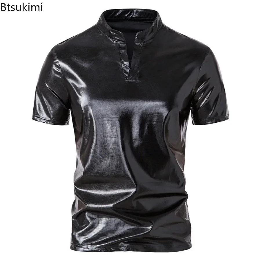 2026 Men\'s Hipster Glossy Short Sleeve T-shirt Trend Henry Collar 70s Disco Nightclub Party Tees New Men Hip Hop Tops Streetwear