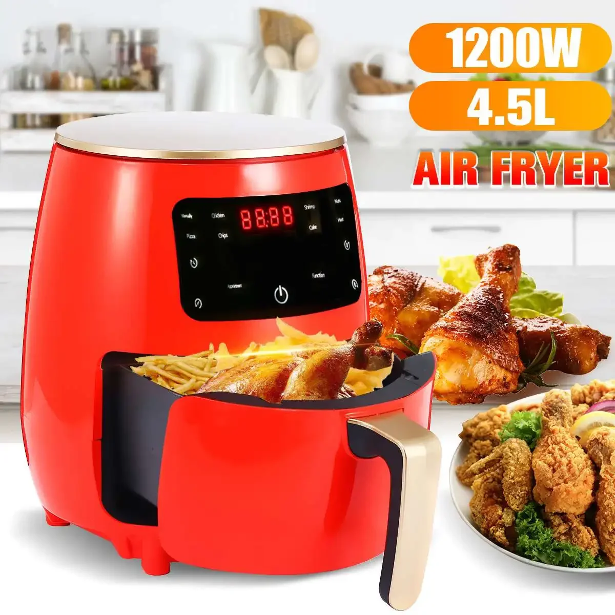 4.5L 1200W Deep Fryer Oil free Health Fryer Cooker Home Multifunction Smart Touch LCD DeepFryer Deep fryer Pizza Fries Machine