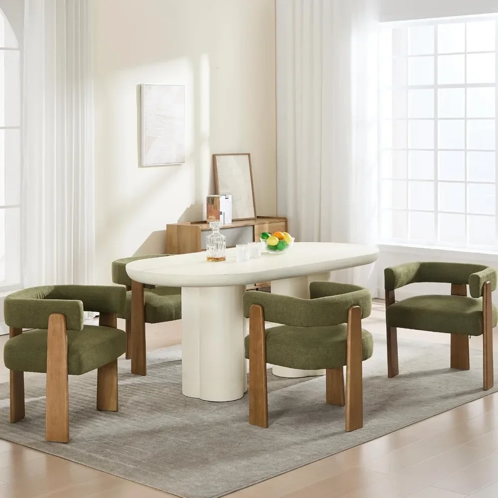 Modern Barrel Dining Chairs Set of 4, Linen Upholstered Accent Kitchen Chairs with Brown Color Wood Legs for Kitchen Dining Room
