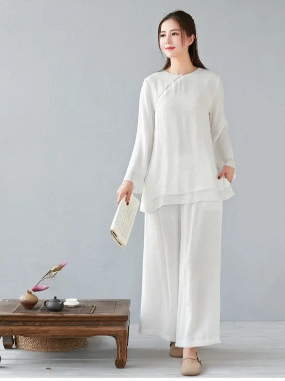 

New Chinese Sle Lightweight Yoga Practice Suit Wide Leg Pants Set Vintage Artistic Cotton Linen Zen Long Sve Top Two Pie...