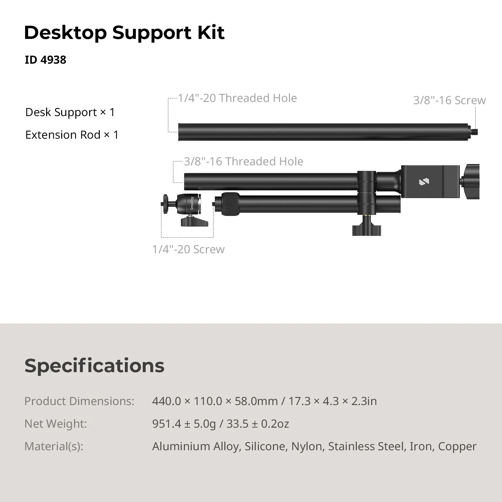 SmallRig Desktop Support Kit met 360° ° Oneindige aanpassing, voor livestreaming fotografie videoconferenties, tot 2 kg - 4938