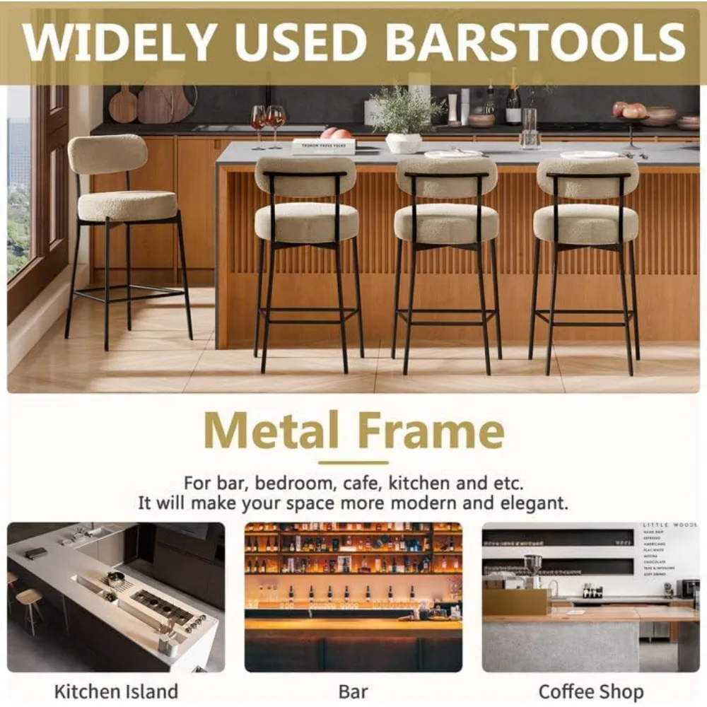 Set Kursi Bar 2 Buah, Kursi Bar Tinggi Model Modern 24 Inci dengan Sandaran Melengkung dan Kaki Logam, Pelapis Bouc Cokelat Muda