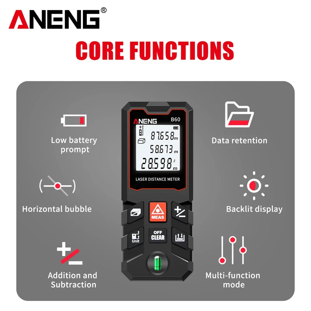 ANENG B40/60/80/100 Laser Rangefinder High Precision 40/60/80/100M Laser Distance Meter Area Volume Range Finder No Battery Tool