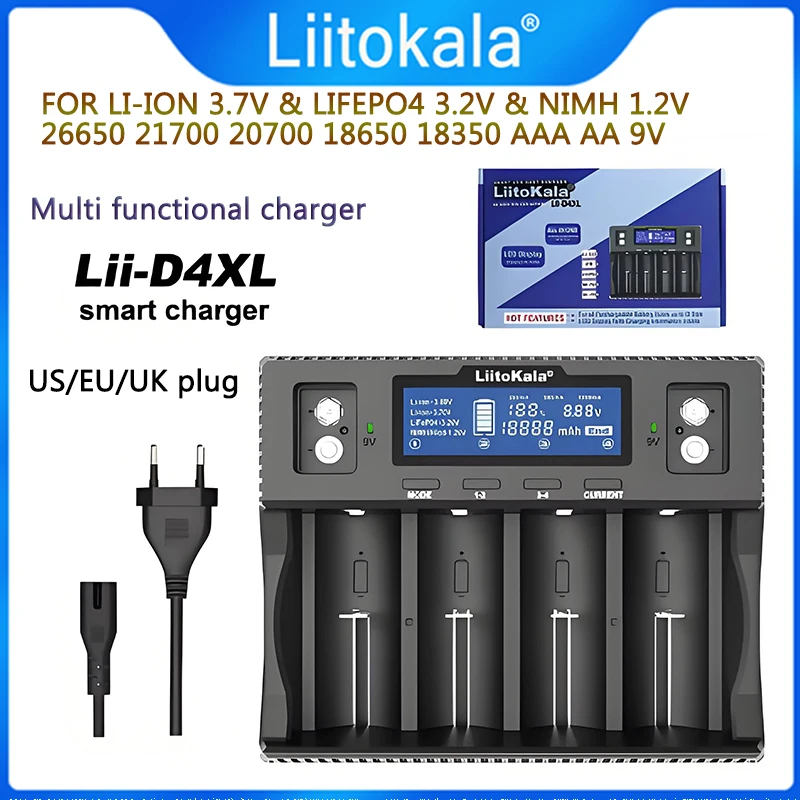 LiitoKala Lii-D4XL Multifunctional Battery Charger for Ni-MH/Cd AA AAA SC DC - Compatible with 21700 18650 18350 26650 16340 145