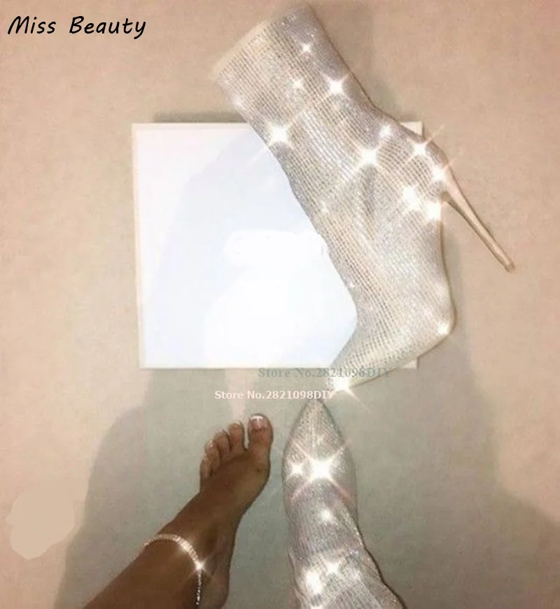 

Silvery Black Crystal Leather Side Zipper Thin Heels Sexy High Heel Ankle Boots Women Pointy Toe Biker Boot