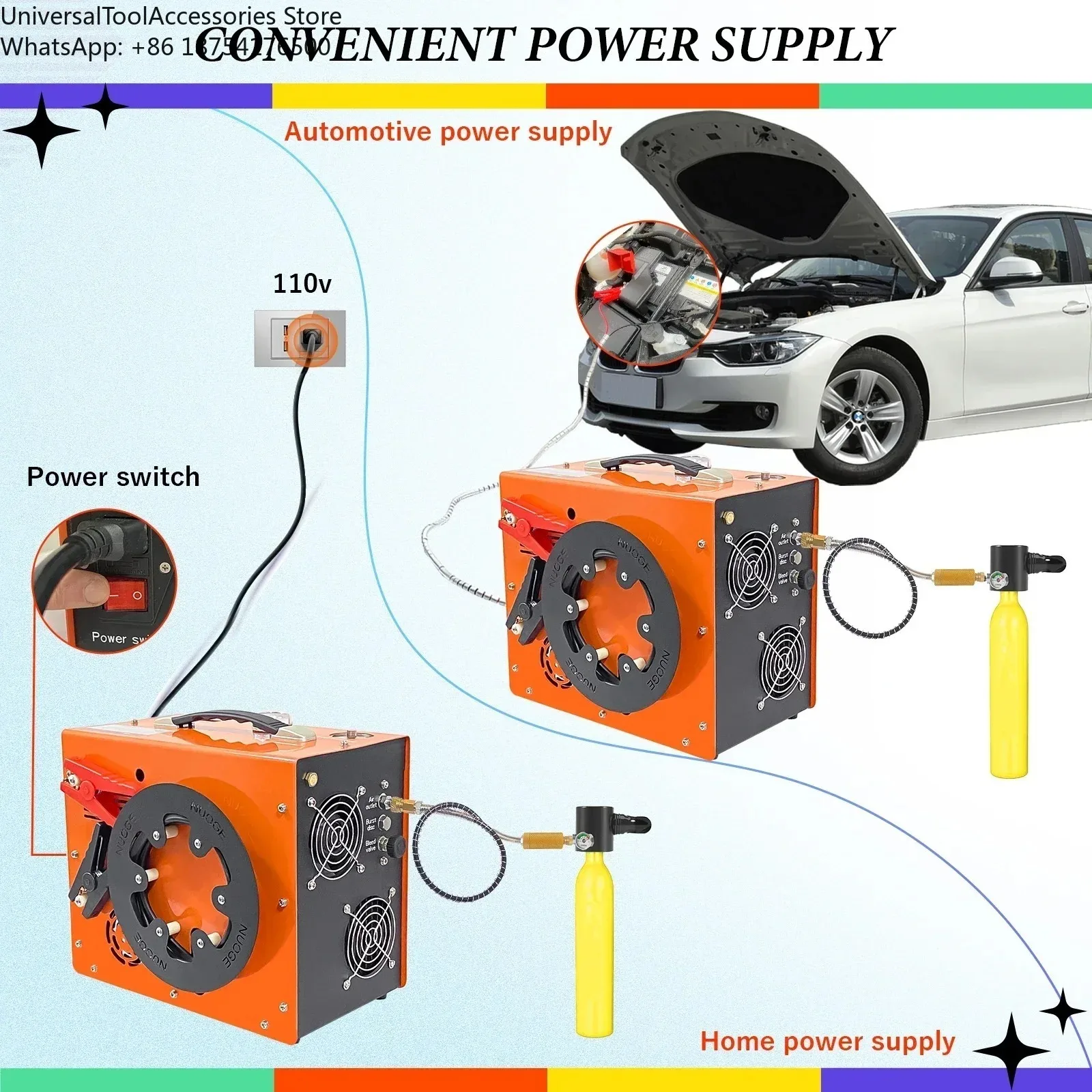 

Portable PCP Air Compressor 350W with Powerful 6000PSI/400Bar Motor 12V Auto Stop Water And Fan Cooling System for Airguns And T