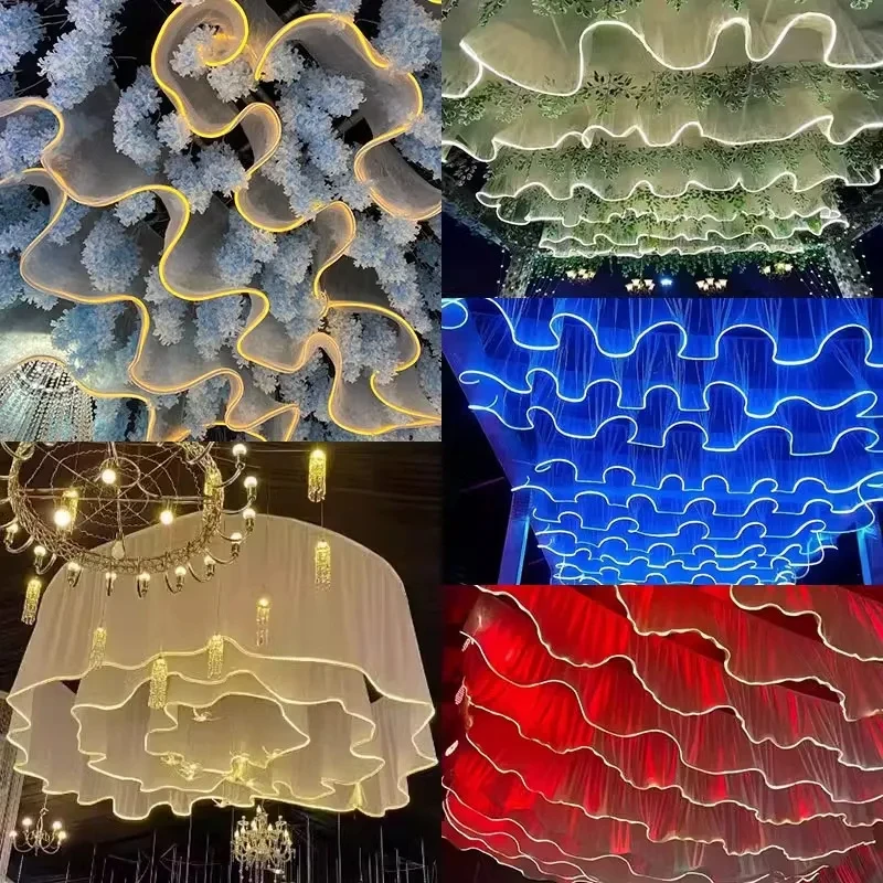 Leuchtender Vorhang für Hochzeits-Deckendekoration, Weißer Wellen-Tüllstoff mit Lichtern, Romantische Party- und Weihnachtsdekoration – Detail 8