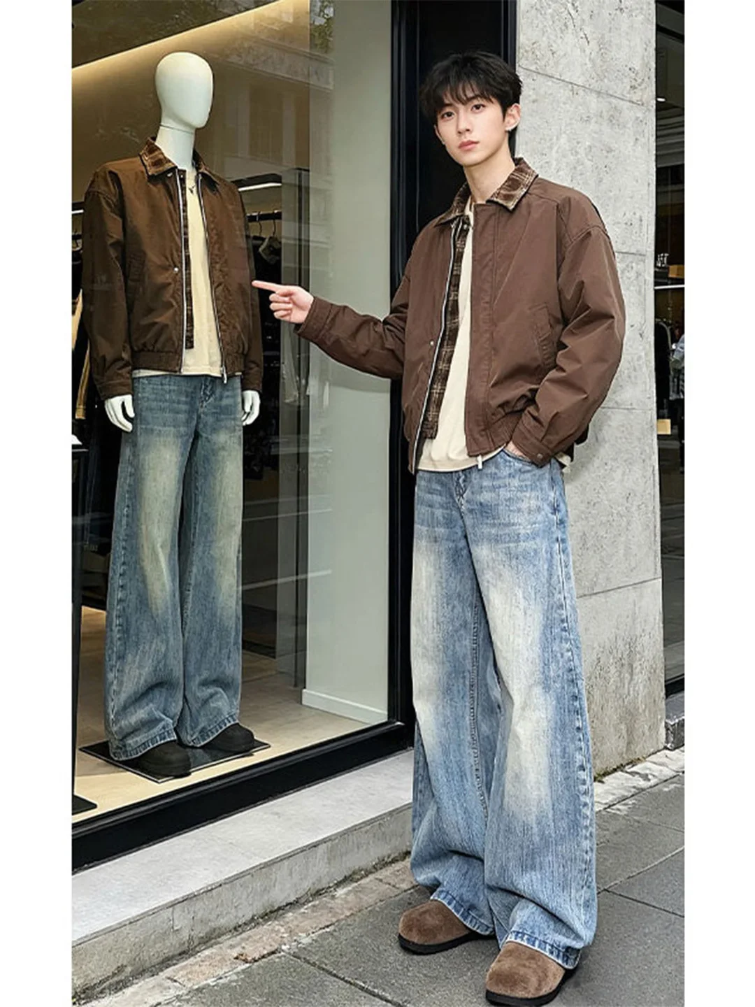 

American Waed Light Blue Men's Jeans Loose Straight Thiened Autumn Winter Casual Long Trousers Faionable Bend Knife Pants