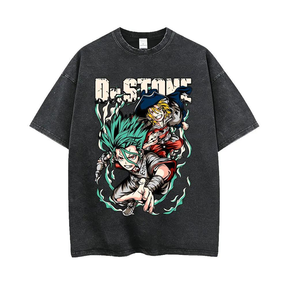 Washed Vintage Anime Dr. Stone Ishigami Senku Graphic T Shirt Cute Suika Print T-shirt Men Women Short Sleeve Oversized T-shirts