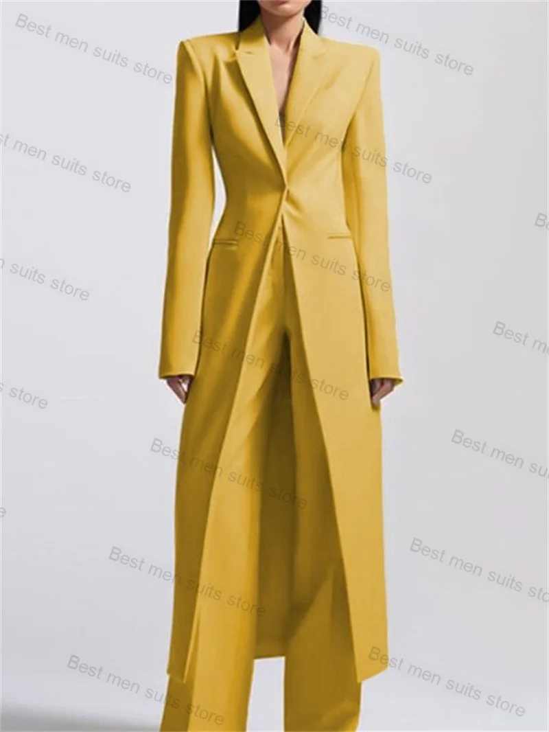 Yellow Office Women Suit Set 2 Piece Long Blazer+Pants Jacket Wedding Tuxedo Sexy V Neck Formal Cotton Prom Coat Custom Made