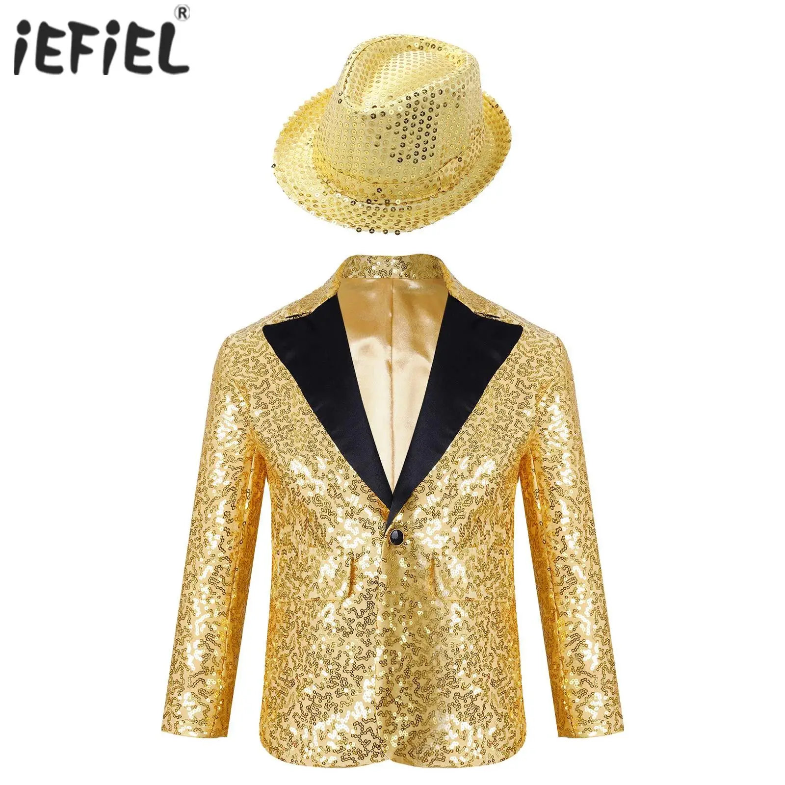 Kids Boys Jazz Dance Performance Costume Shiny Sequins Tuxedo Suit Long Sleeve Lapel Single-breasted Jacket Coat with Fedora Hat