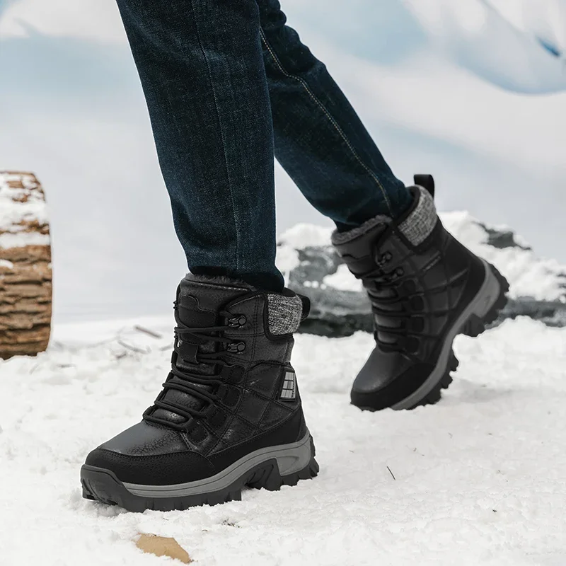 New Warm Plush Men\'s Snow Boots Lace Up High Top Men\'s Boots Waterproof Winter Ankle Boots Outdoor Anti-Slip Men Hiking Boots