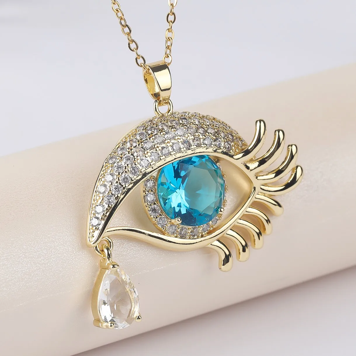 Luxury 8 Colors Big Crystal Evil Eye Necklaces for Women Copper Gold Plated O Chain Necklace Lucky Turkish Jewelry Gifts