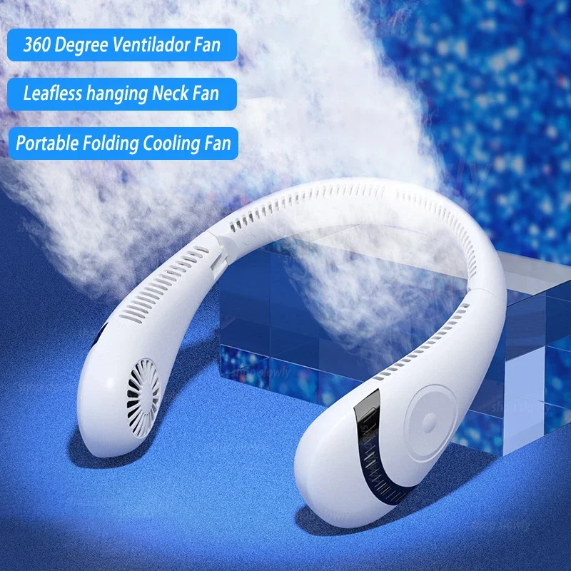 

360 Degree Ventilador Leafless Neck Fan USB Rechargeable Mini Conditioner Cool Fan Portable Folding Sports Hanging Neck Fan