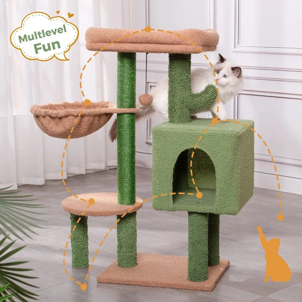 Cactus Cat Tree 34 Inches Cute Cat Tower with Padded Top Perch, Comfy Hammock, Private Condo, Fully Scratching Post and Dangling