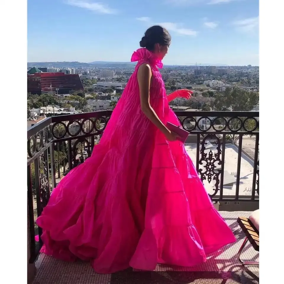 Hot Pink Evening Gown Ruffle Tiered Women Celebrity Dresses Taffeta Maxi Party Gowns Handmade Flowers Neckline Long Train