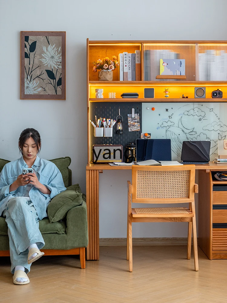 Yjq Desk Bookshelf Integrated Wall Solid Wood Storage Study Computer Desk Modern Minimalist