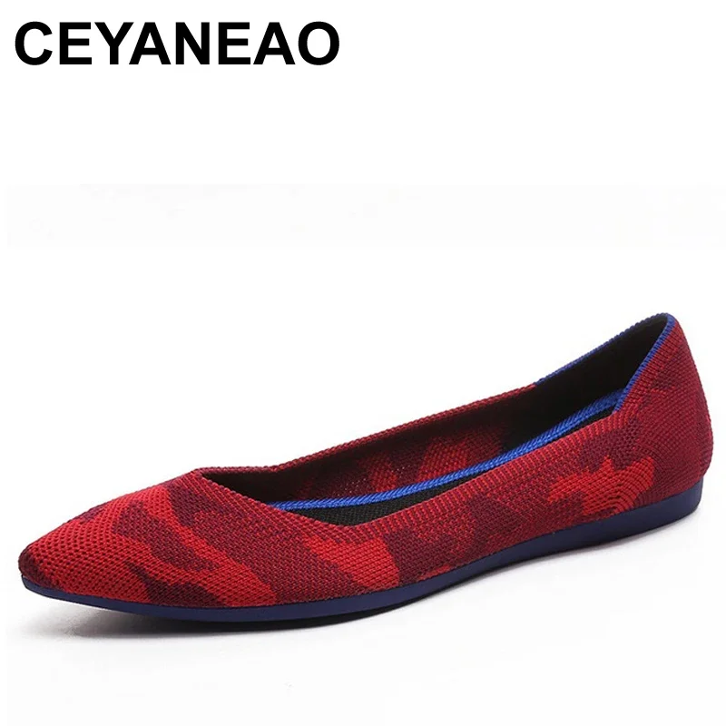 

CEYANEAO Spring women flats shoes Women Ballet Shoes Soft Flat Heel Knitted Leisure Pointy Toe Shallow Mouth E776