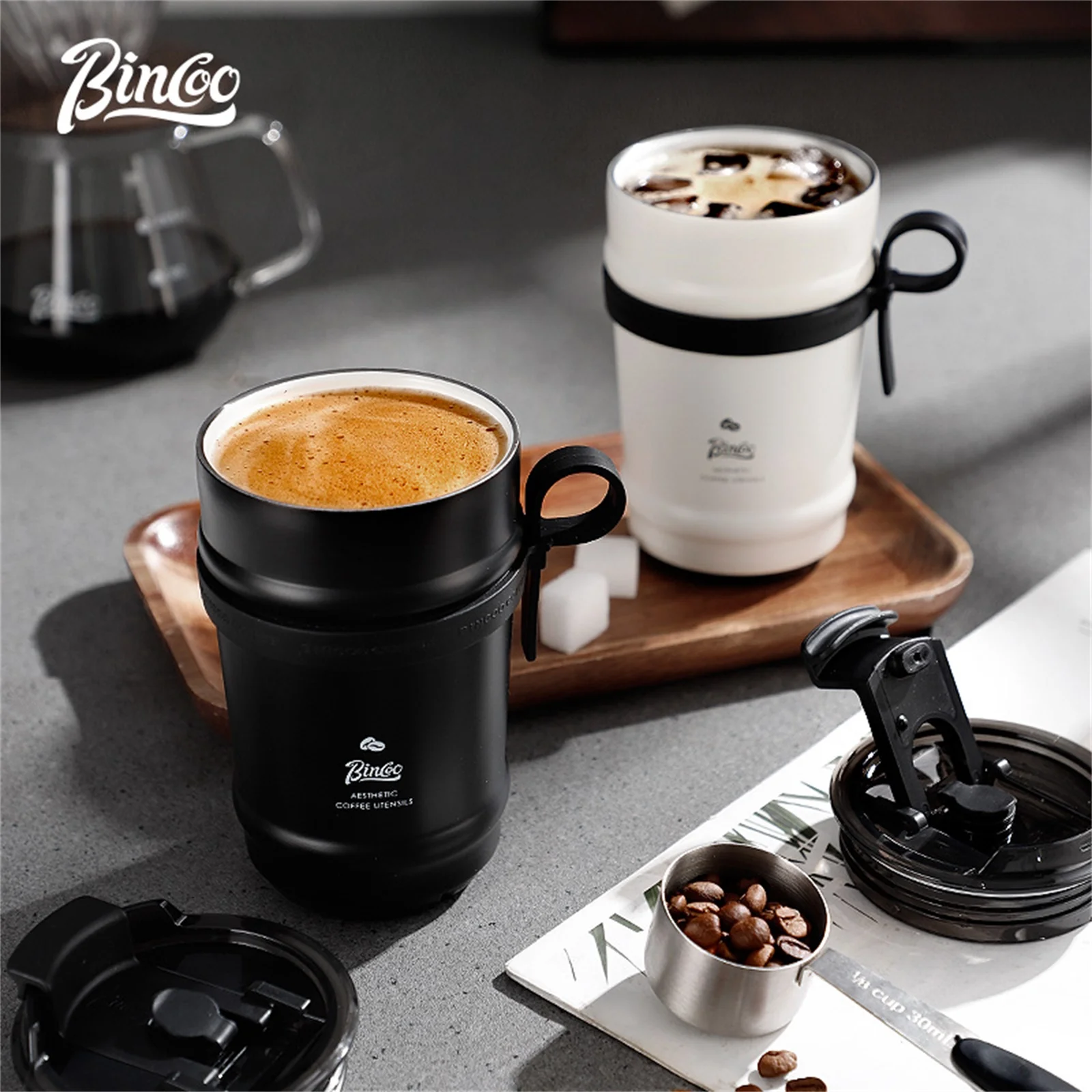 Bincoo Stainless Steel Tumbler 316 Insulated Coffee Cup Flip Lid Leakproof with Handle & Straw Portable for Office Travel