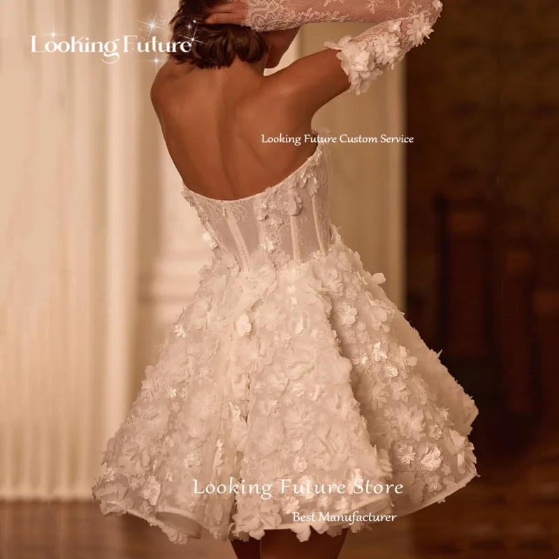 Luxury Lace Appliques Mini Wedding Dress Pleated 3D Flowers Strapless Bride Dresses Sexy Open Back Short Ball Gowns Customized image 2