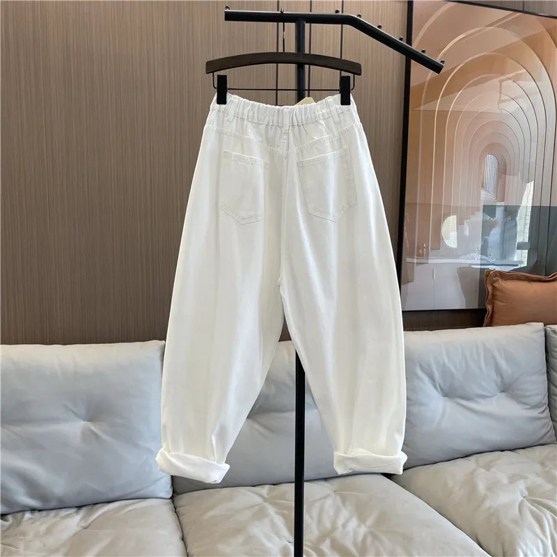 Imagem -04 - Jeans Branco de Strass Elegante para Mulheres Elástico na Cintura Solto Pintado Calça Harém Cortada Feminina Novo Primavera Verão 2023