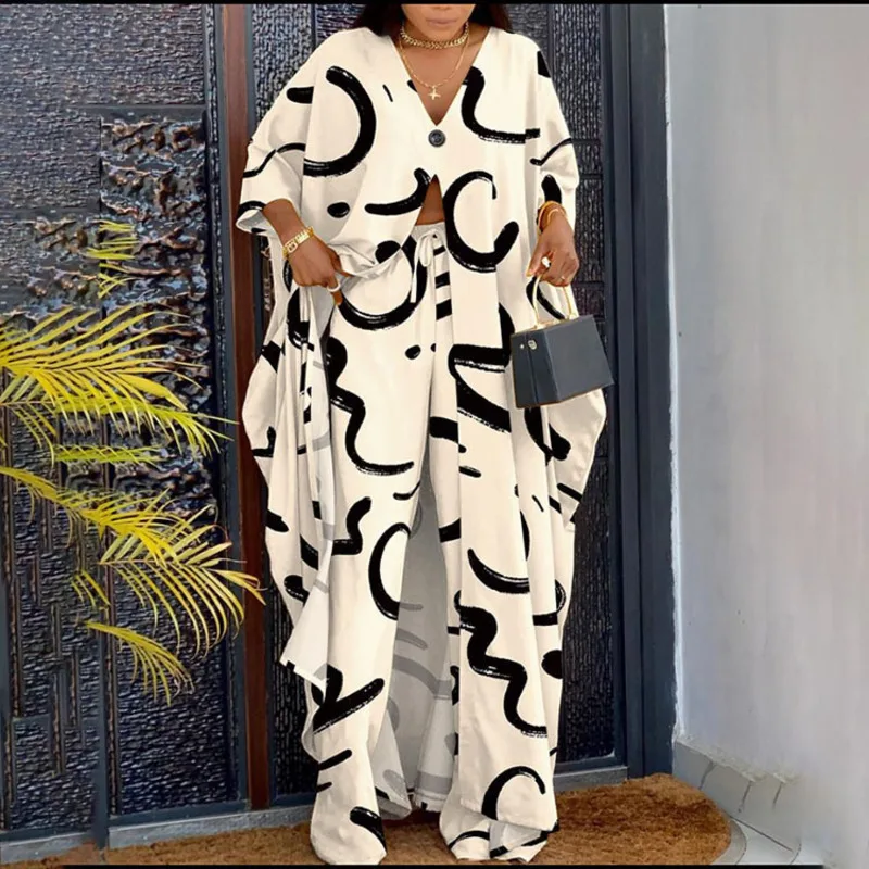 Conjunto elegante de camisa e calças compridas com decote em v para mulheres, estampado, cordão, roupas casuais de escritório, moda feminina, 2023