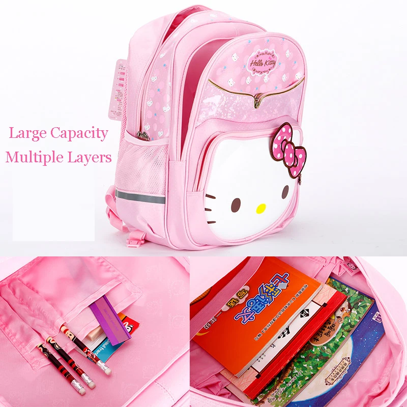 Miniso Hello Kitty Girls Trolley School Book Bags Pupils Children Travel Wheels Climbing Stairs Students 3 Rounds Gift Grade 1-5