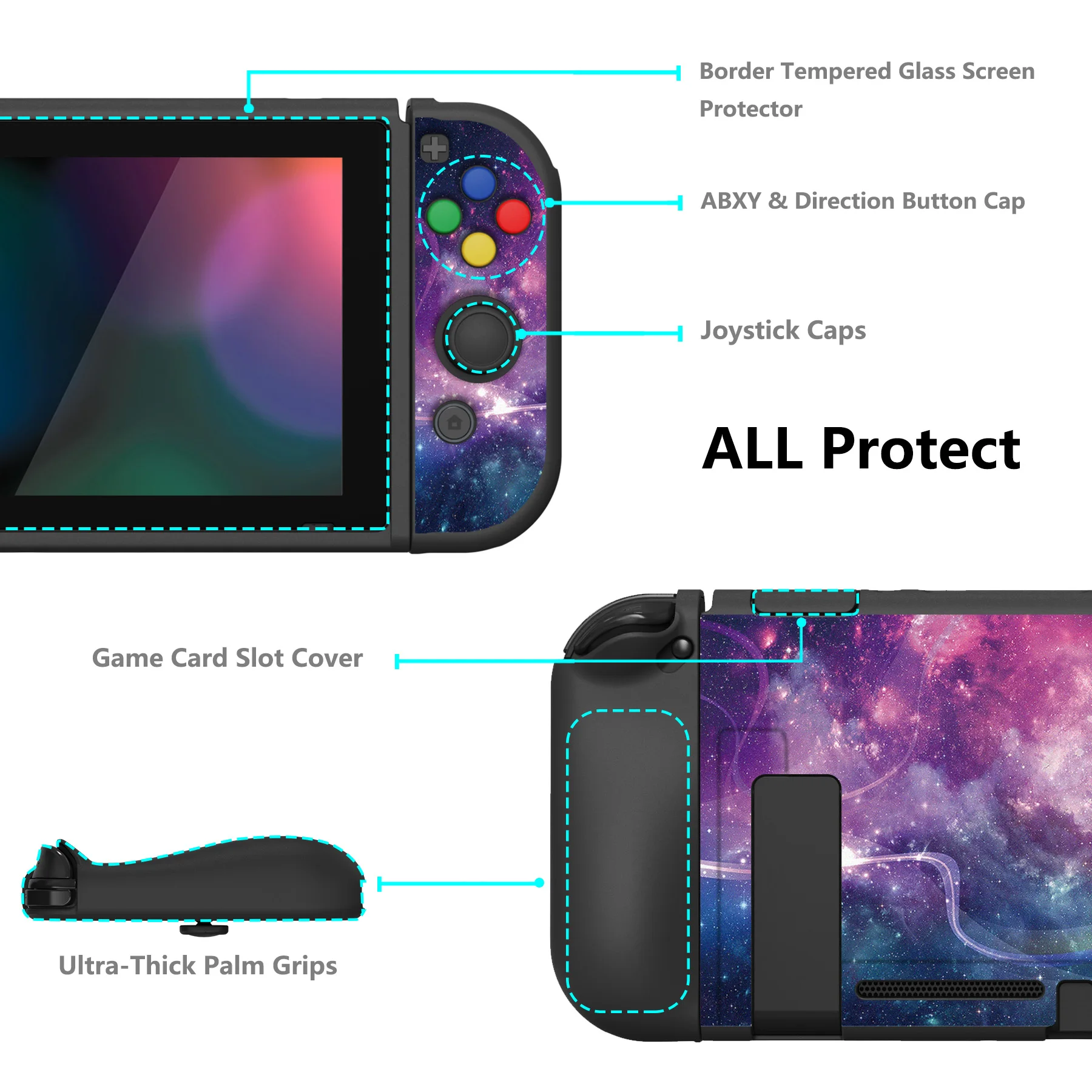 PlayVital ZealProtect capa protetora macia, Interruptor com apertos do polegar, Direção Button Caps, Protetor de tela de vidro temperado