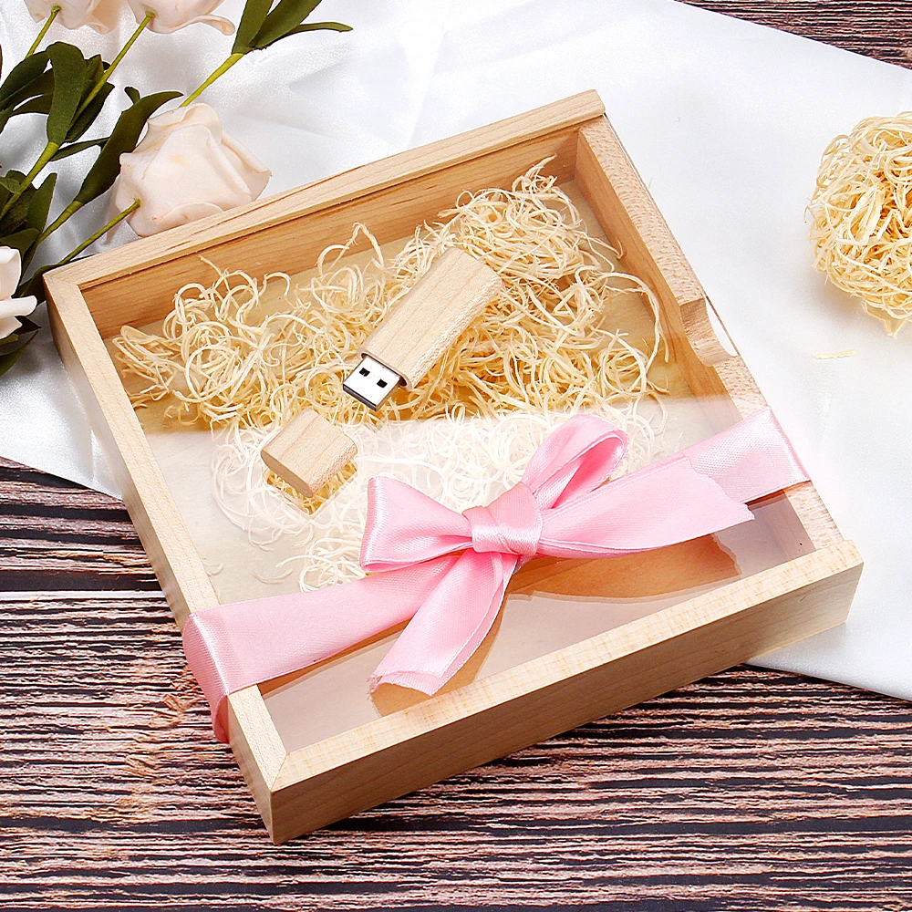 JASTER Free Custom Logo USB Flash Drive 128GB Wedding Gift Memory Stick Album Wooden Box Pen Drive 64GB Laser Engraving Pendrive