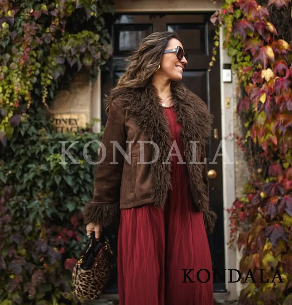 

KONDALA винтажная коричневая меховая куртка женская осенне-зимняя повседневная куртка с краями из искусственного меха 2025 модная женская элегантная теплая верхняя одежда куртка