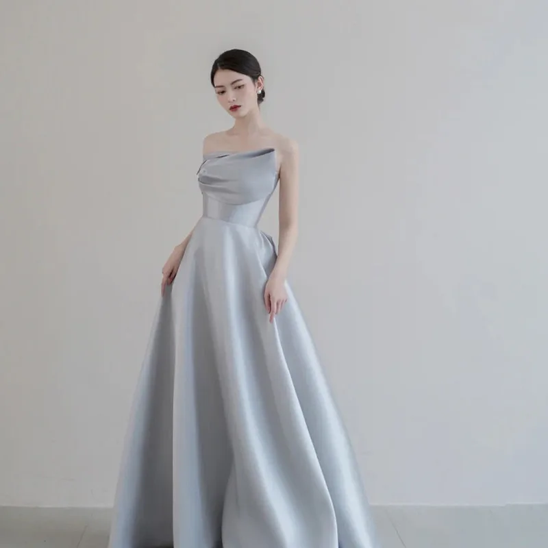 

Satin Evening Dress 2026 Autumn New Fashion Model Fashion Show High End Strapless Long Dress Banquet Host Grey Long Dress Female