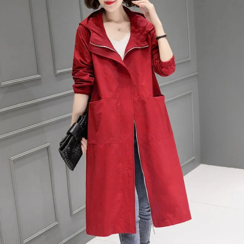 2024 Women Medium Long Styles Trench Coat Spring Autumn Female Hooded Windbreaker Jacket Ladies Large Size 4XL Lined Outerwear