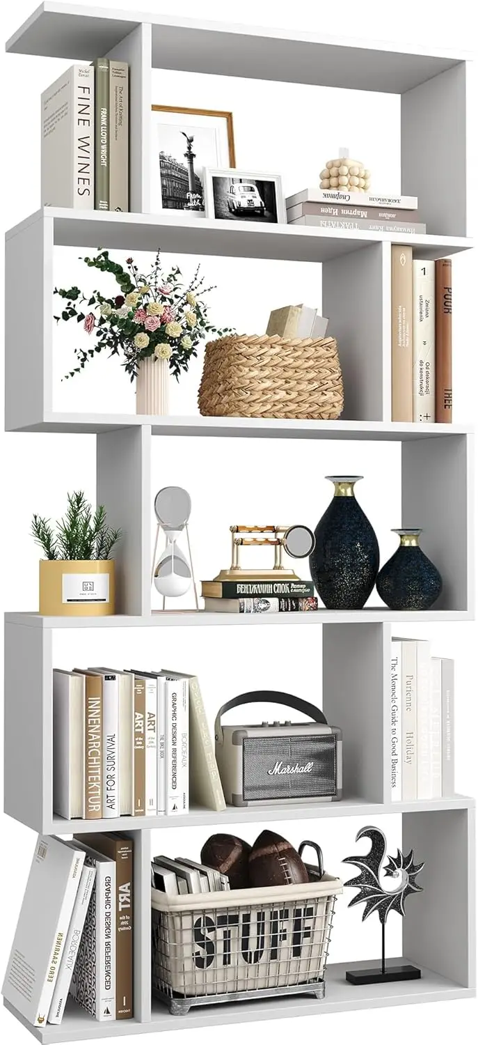 

Modern 5-Tier Geometric Bookcase, White S-Shaped Display Shelf for Home Office Bedroom Storage