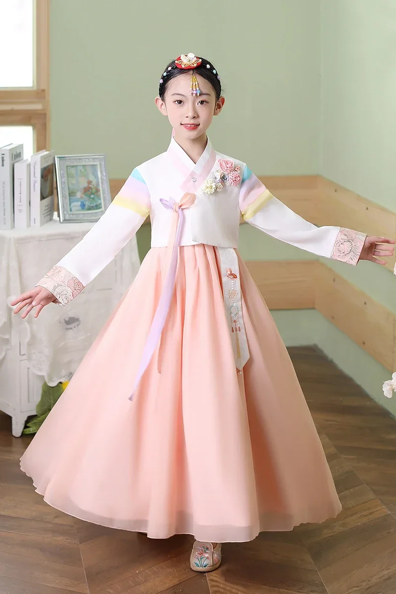 Kreatywny Starożytny Koreański Hanbok Dziewczęcy Strój Narodowy Kostium Studencki Występ Haft Kwiatowy Dziecięcy Strój Festiwalowy