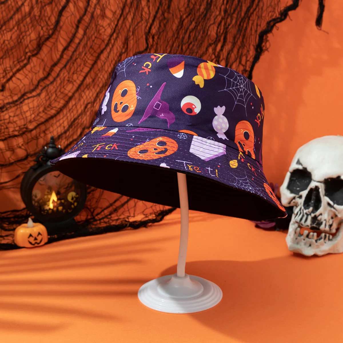 European and American fashionable pumpkin skull ghost double-sided fisherman hat Halloween atmosphere basin hat