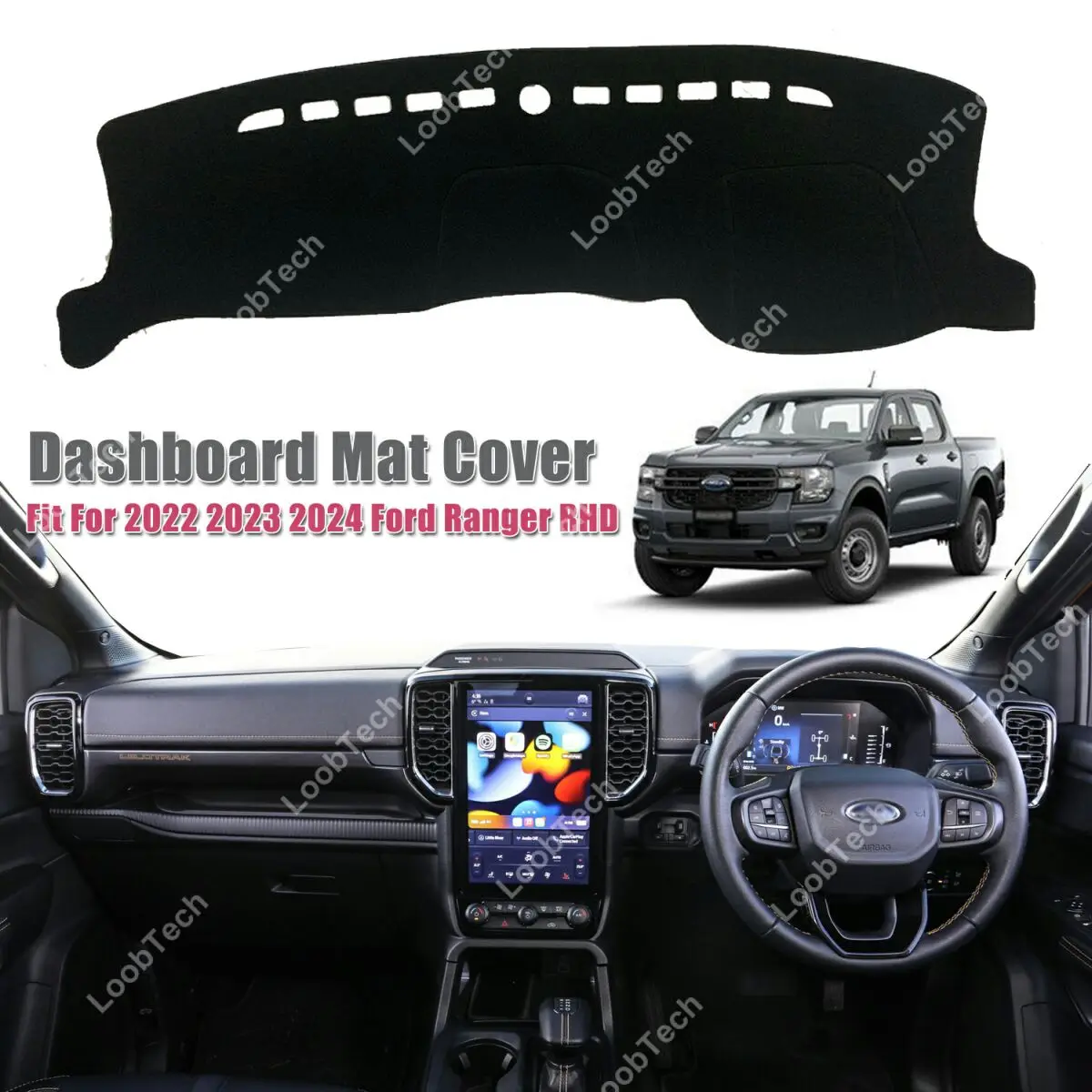 For Ford Ranger 2022-2024 RHD Dashboard Cover Interior Center Console Protector Mat Pad Carpet - Black