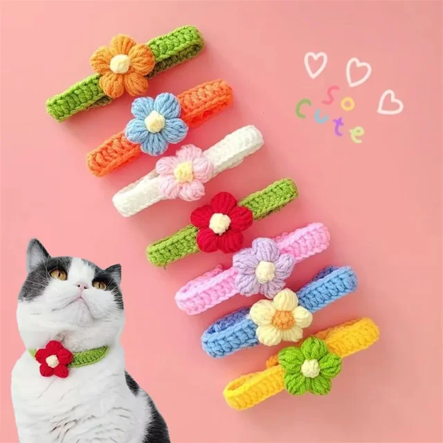 Kawaii szydełkowa obroża dla kota regulowany wełniany naszyjnik kwiaty akcesoria na szyję dla zwierząt szczeniak kotek szalik na drutach muszka prezent dla zwierzaka