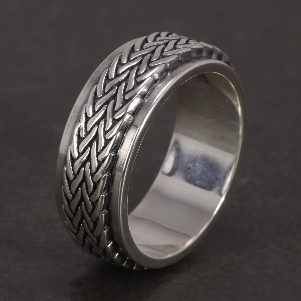 925 Sterling Silver Rotatable Rings For Men And Women Simple Hemp Rope Type Spinner Vintage Male Jewelry
