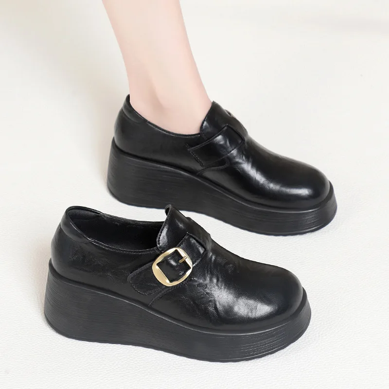 

5.5cm Vintage Comfortable Thick Bottom Platform Shoes 2026 Spring Buckle Soft Leather Loafers Black Deep Mouth Shoes Office Mom