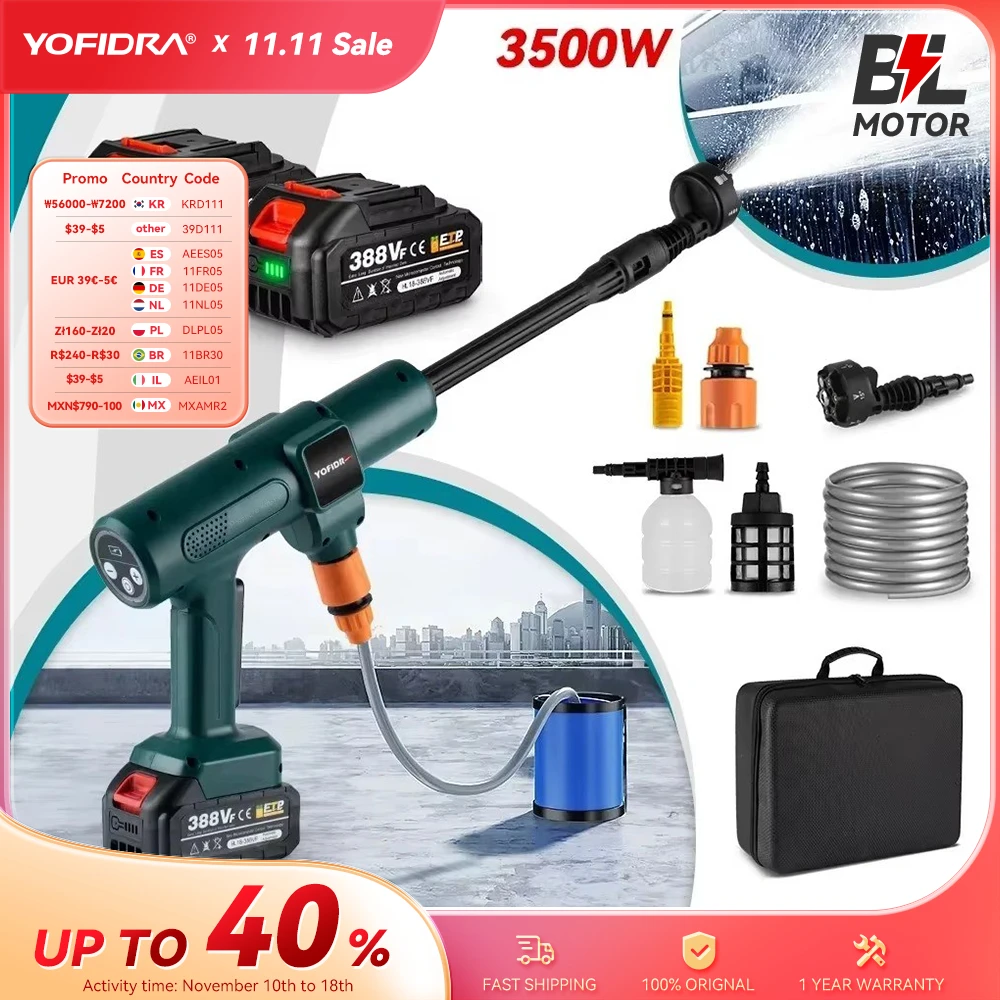 YOFIDRA 200Bar 3500W Brushless Electric High Pressure Washer 6-in-1 Car Washing Garden Water Gun for Makita 18VBattery Spray Gun