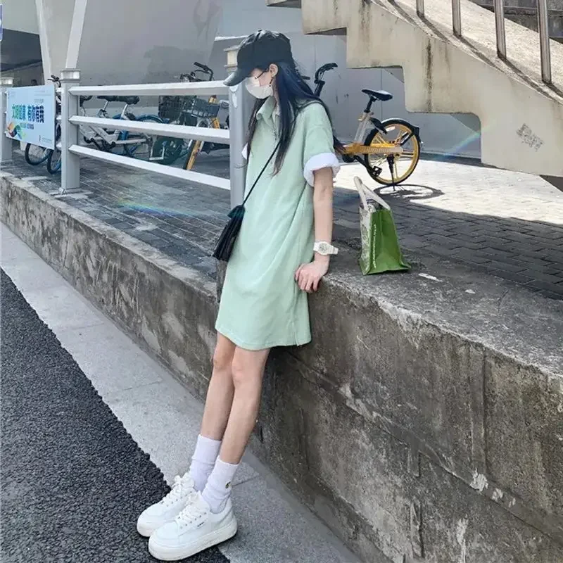 Japanese Style Mint Green Dress Sensibility Niche Wafl Check Loose Fit Straight Leg Skirt Polo Collar Age-reducing Dress