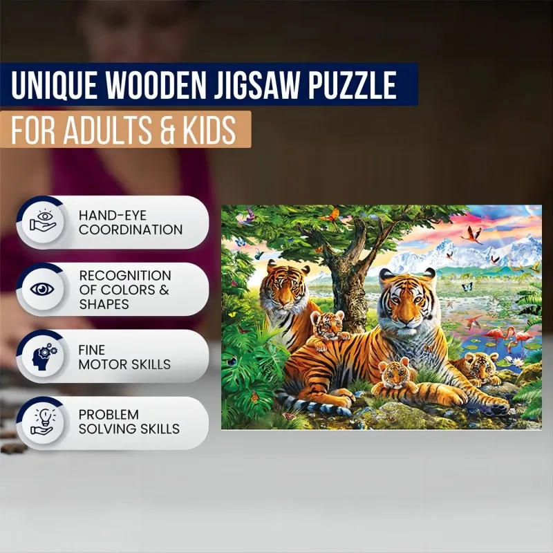 Tiger Family-Wooden Jigsaw Puzzle Art, Unique Animal Shaped Pieces, DIY Leisure Game Fun Toy Gift Suitable Family Friends