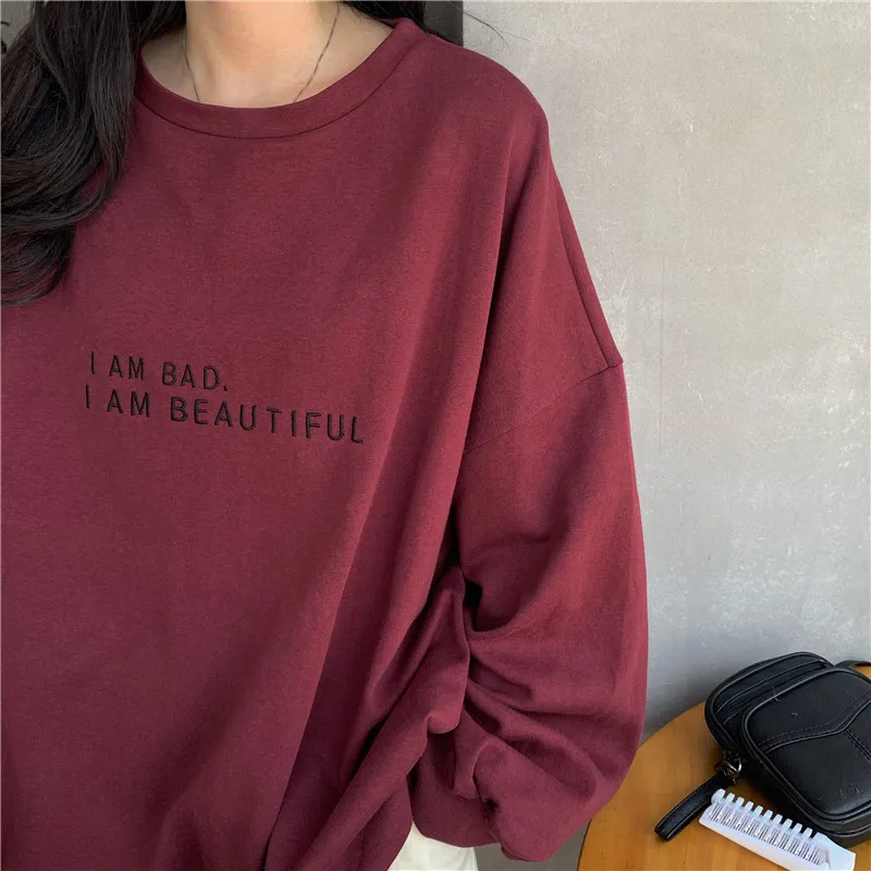 Hoodies Women Letter Baggy Burgundy BF Unisex Couples 2XL Loose All-match Street Style Sweatshirt Casual Harajuku Comfortable