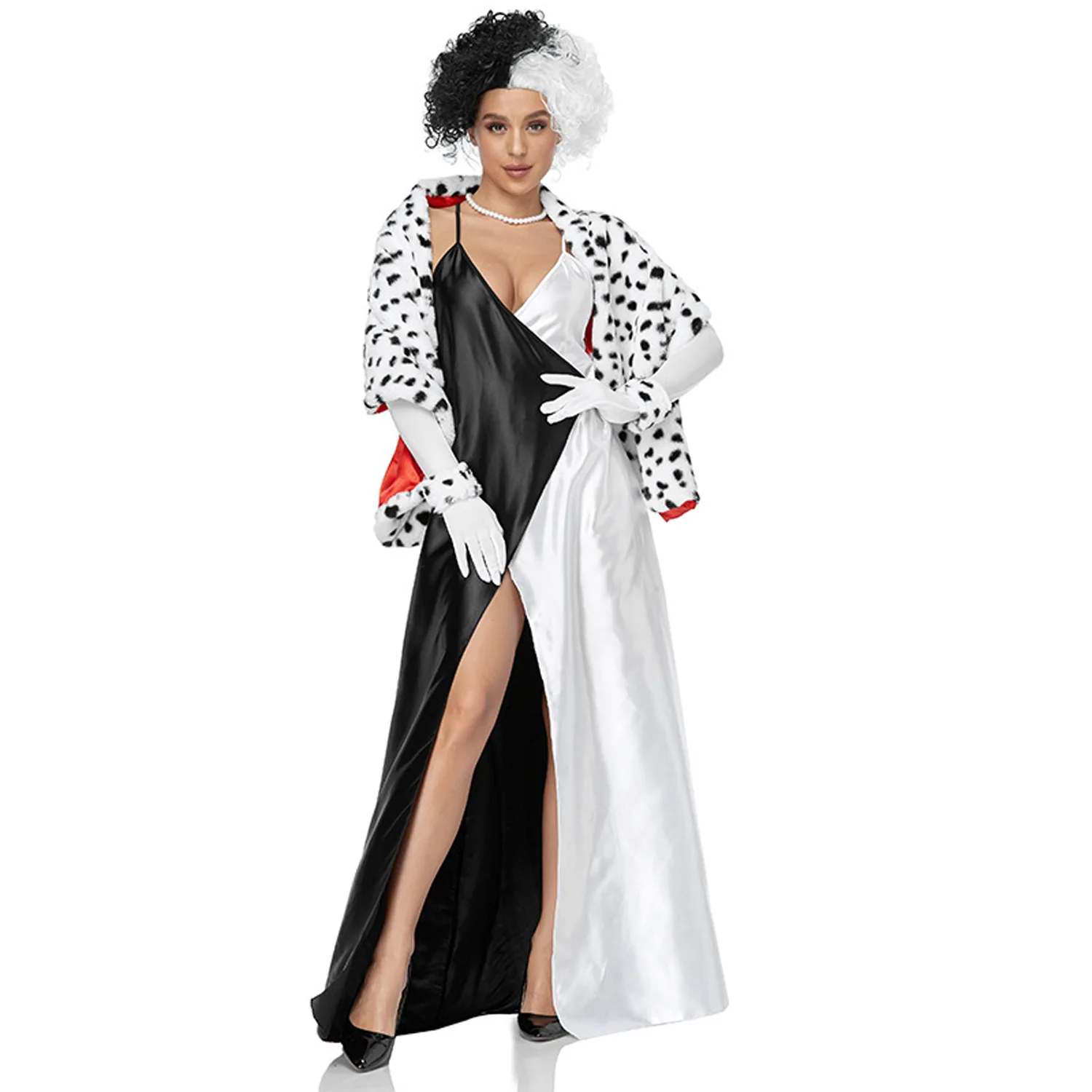 Película Cruella De Vil disfraz Cosplay mujer vestido bufanda vestido blanco y negro peluca disfraces De fiesta De Halloween