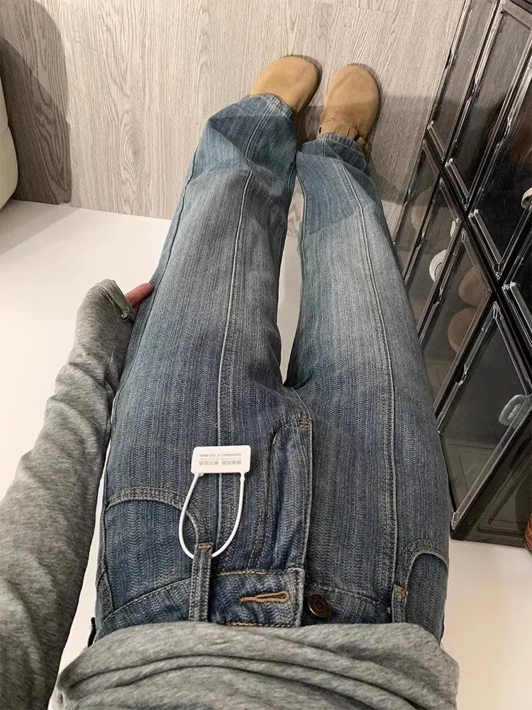 Retro Textured Wide Leg Denim Jeans Loose Drapey Straight Floor-Length Trousers for Women High Waist Casual Style Spring Season